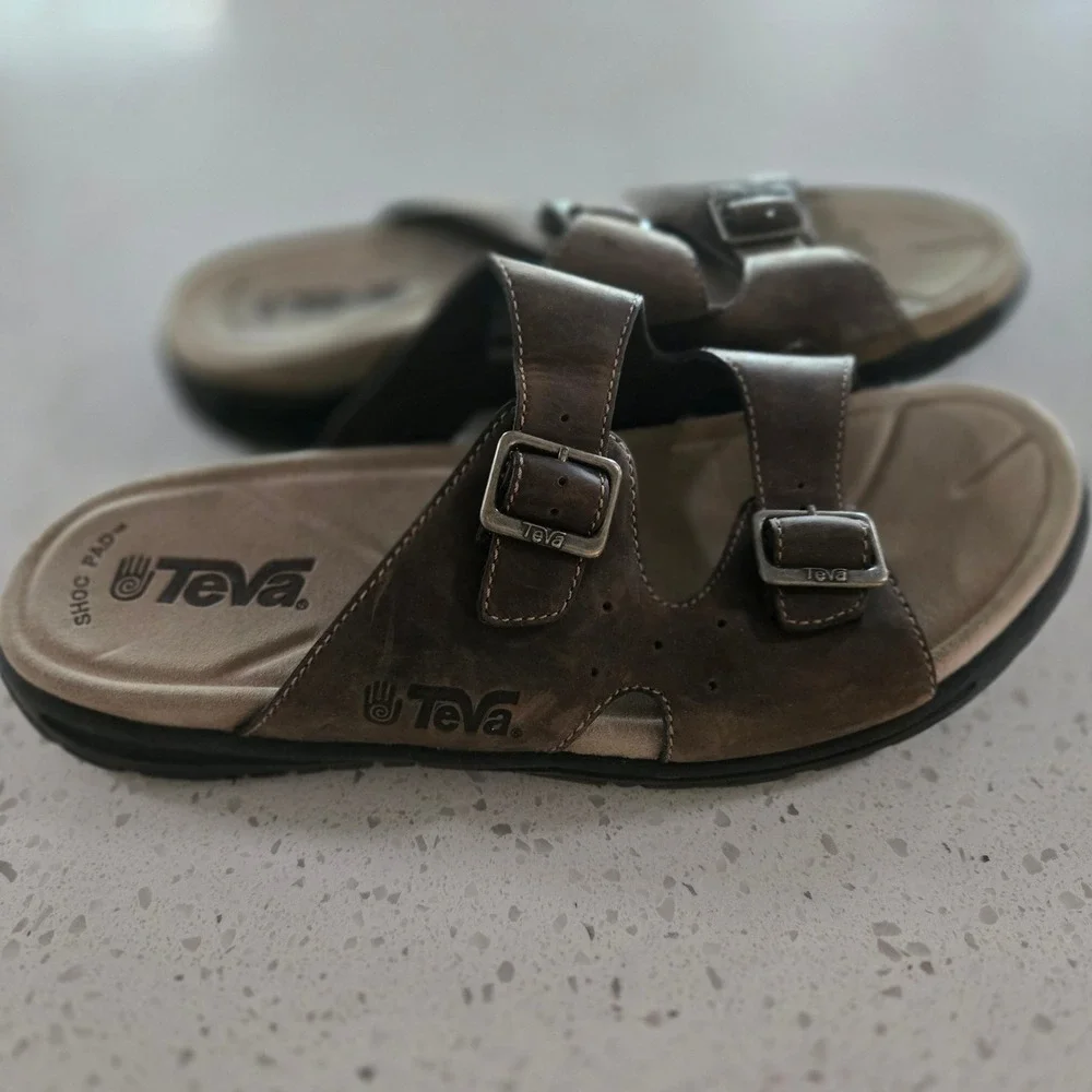 Teva Mens Sandals 14 Lodo Brown Leather Double Buckle Slide 6545 Shoc Pad